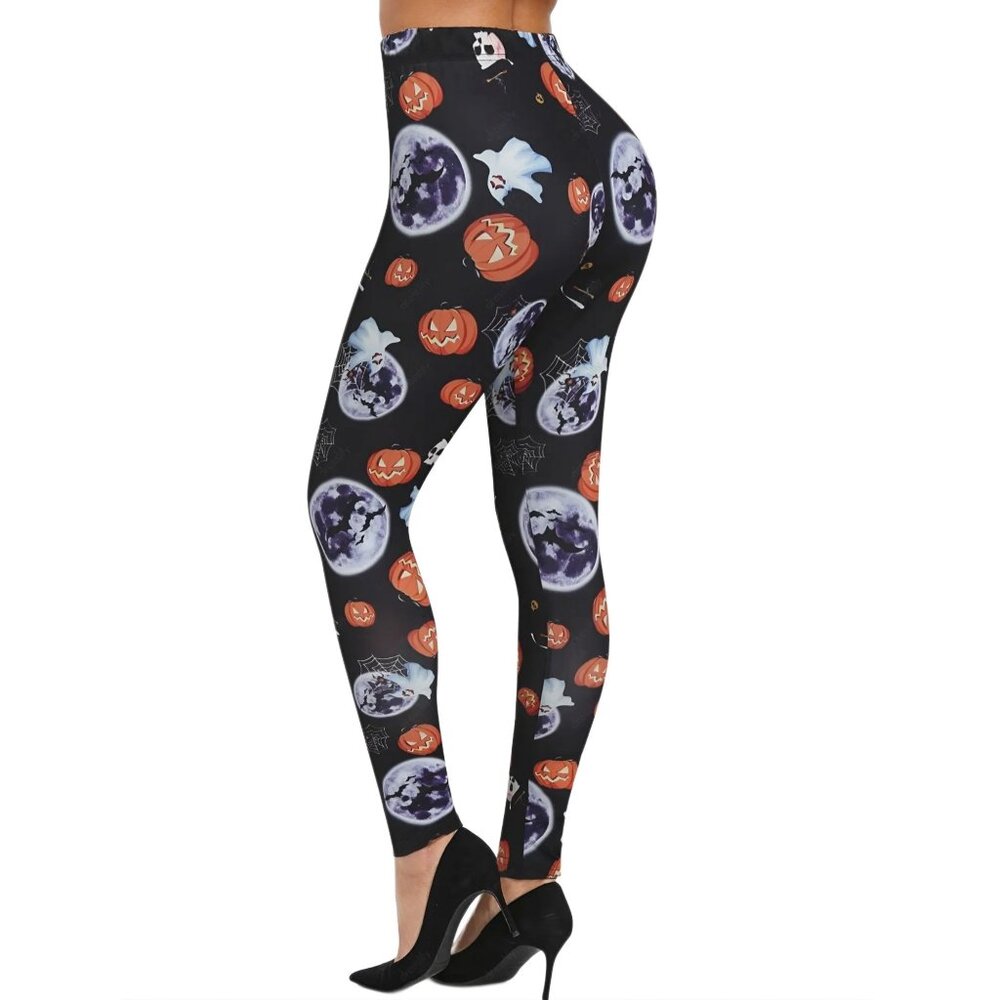 Halloween ✦ High-Waisted Stretch Leggings ✦ Pumpkins Ghosts Stars Print Black L